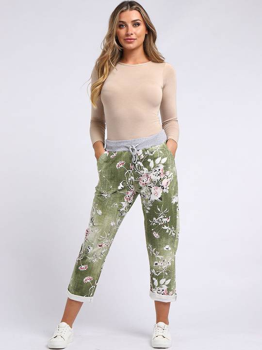 Denver Floral Olive Trousers (Size 14-18)